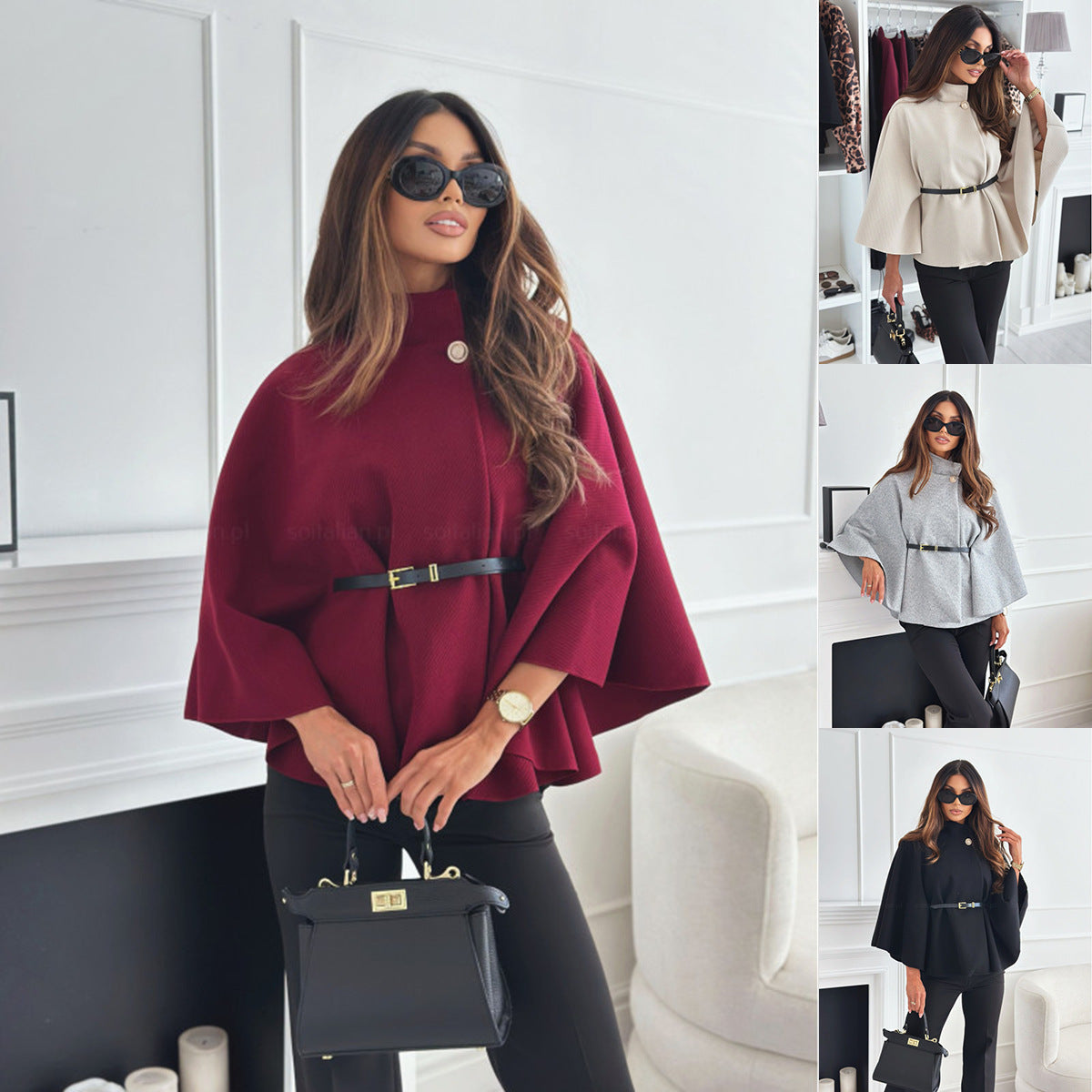 "Dames Capejas met Ceintuur – Elegante Top met Opstaande Kraag en Vleermuismouwen"