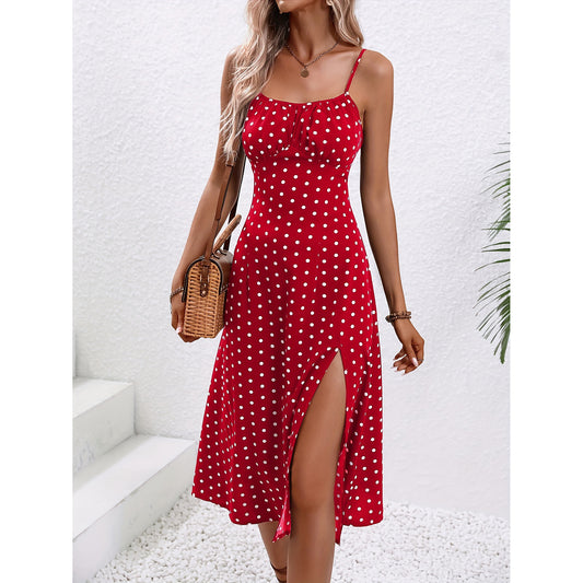 Zomerse Polkadot Jurk met Split – Luchtige Bandjesjurk voor Dames