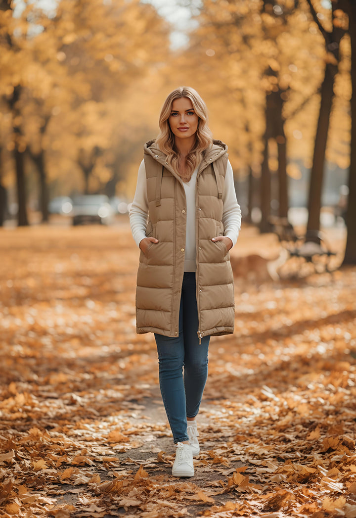 Barbara Puffer Vest – Lange Mouwloze Bodywarmer met Capuchon