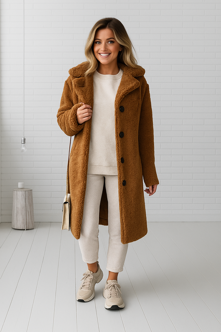 Annelous Teddy Coat – Pluizige lange winterjas van katoen en viscose