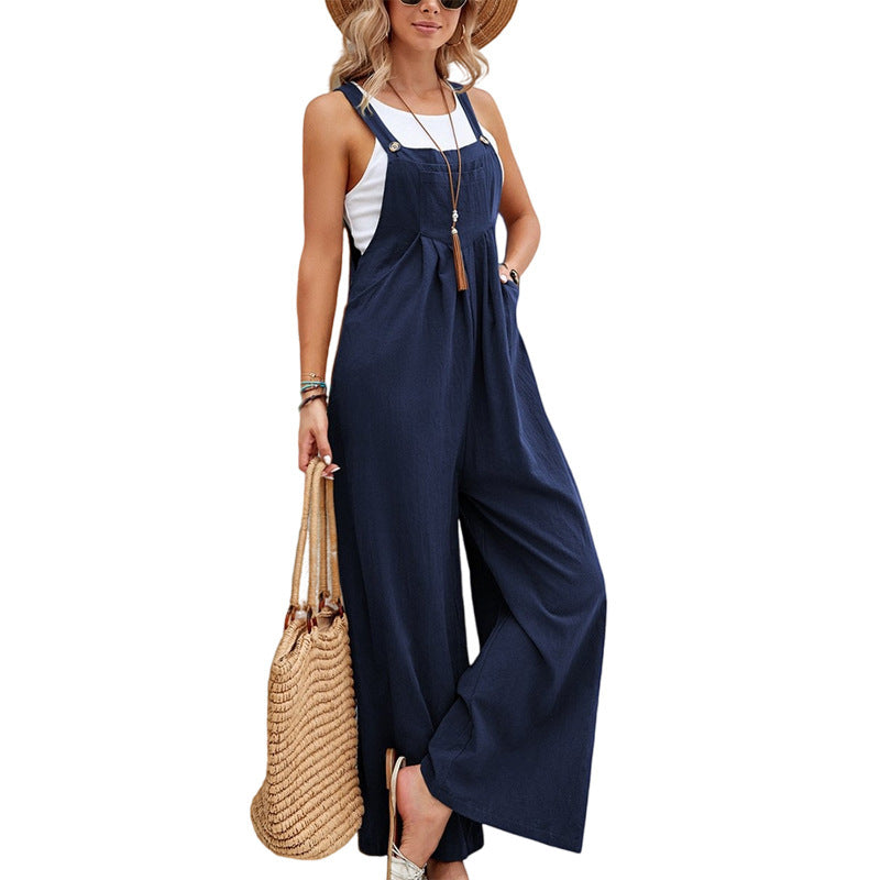 Faye donker blauwe tuinbroek outfit dames, model tegen muur. Villano mode