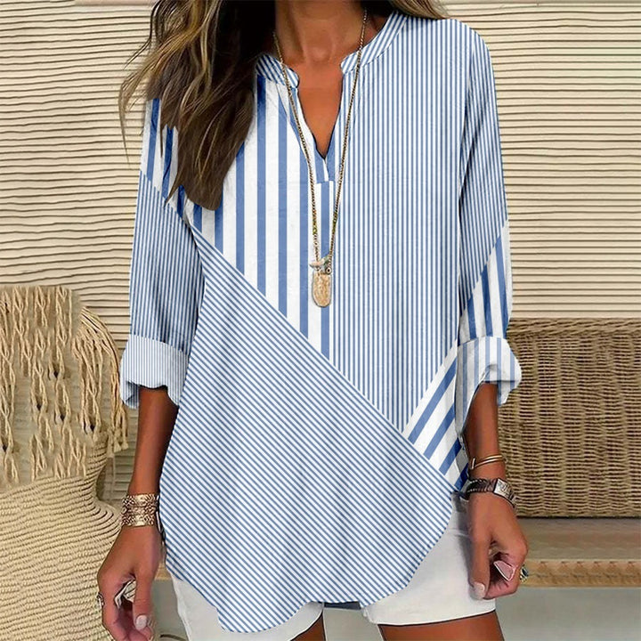 Sofie – blauw wit gestreepte luchtig dames shirt met lange mouwen voor voorjaar & zomer