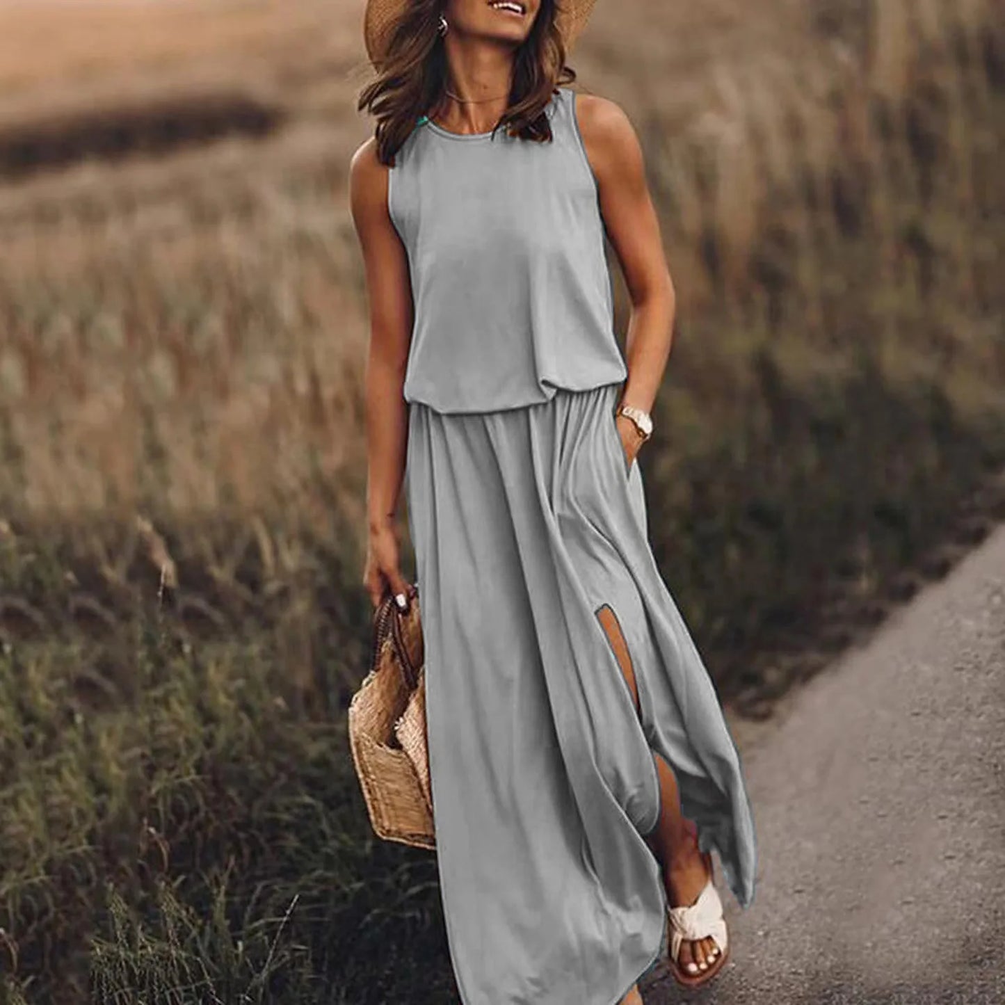 Grijze casual zomerjurk met kwastjes, ideaal voor comfort.