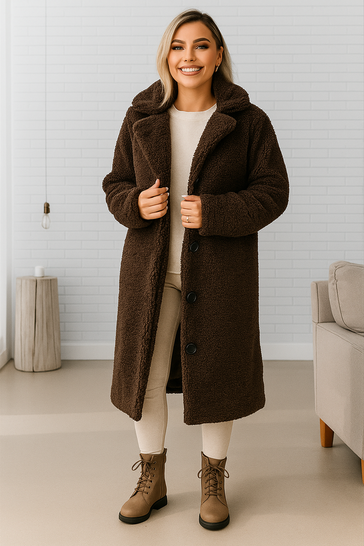 Annelous Teddy Coat – Pluizige lange winterjas van katoen en viscose