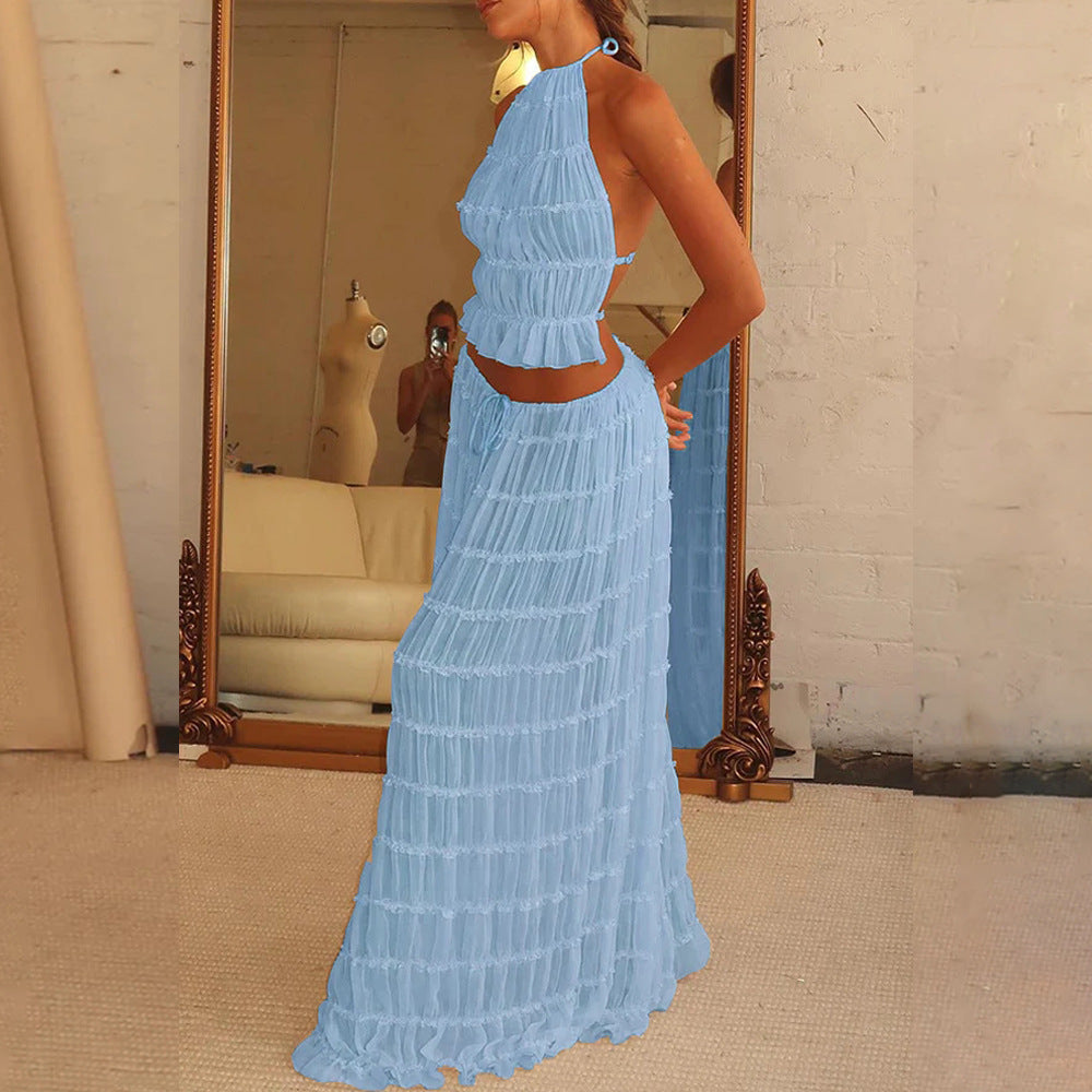 Isla – 2-delige ibiza blauwe damesoutfit met haltertop en geplooide rok
