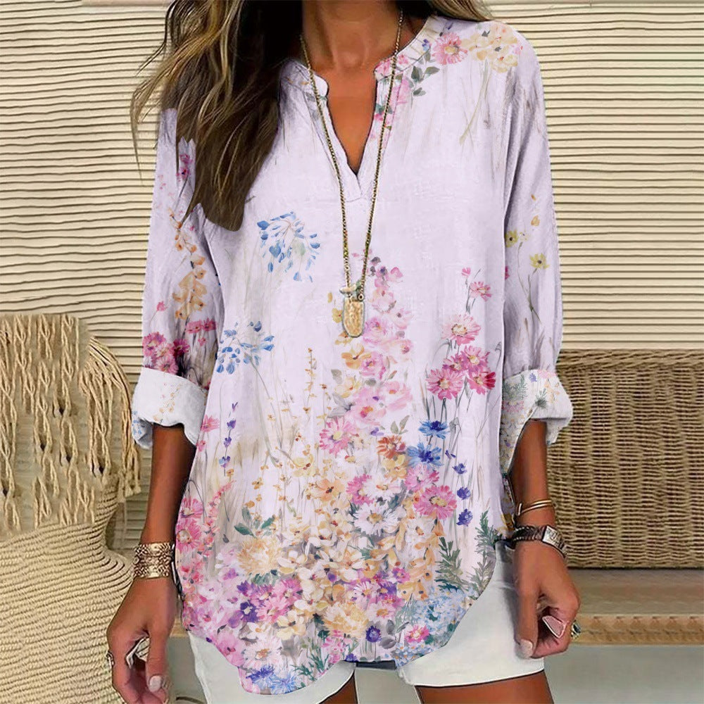 Sofie – ibiza zomer shirt met roze en blauwe bloemen met lange mouwen voor de zomer. VillanoMode