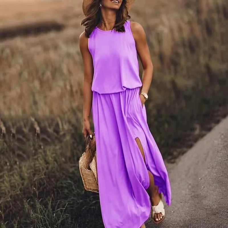 Paarse casual zomerjurk met lange mouwen en kwastjes.