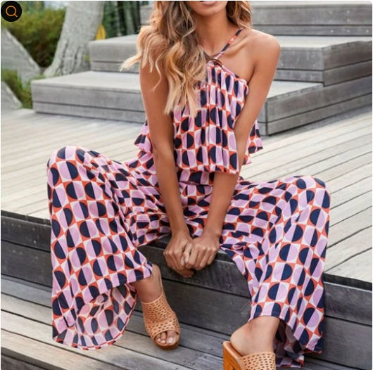 Helga roze jumpsuit dames zomer katoen elegante details
