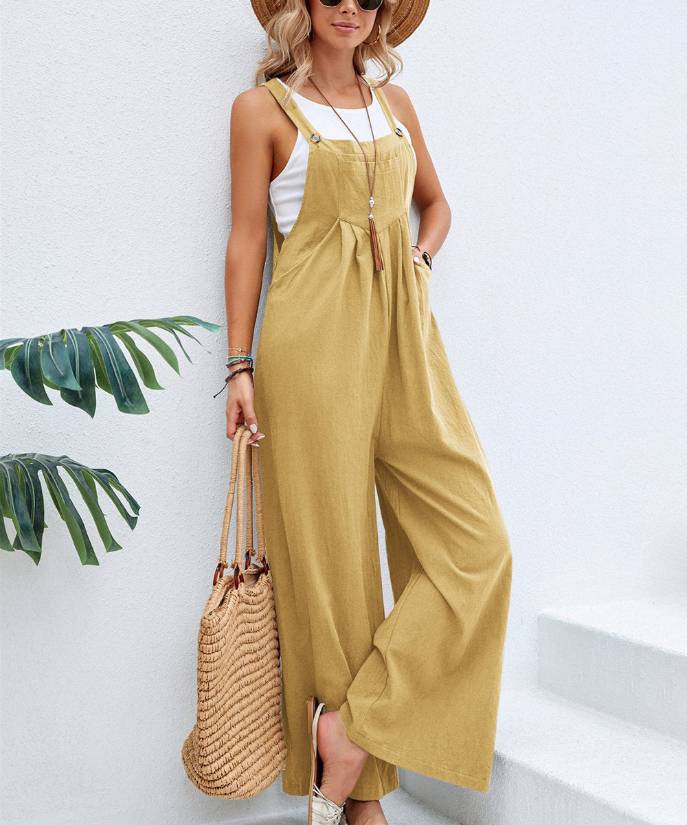 Faye gele tuinbroek outfit dames, model tegen muur. Villano mode