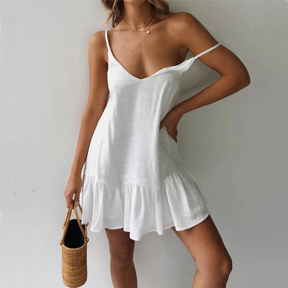 Witte off-shoulder mini-jurk van katoen-linnen met ruches.